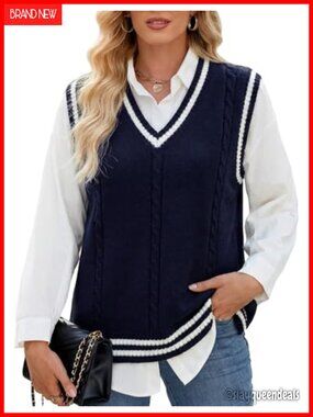 Womens Sweater Vest V Neck Sleeveless Knitted Pullover School Uniform JK Top